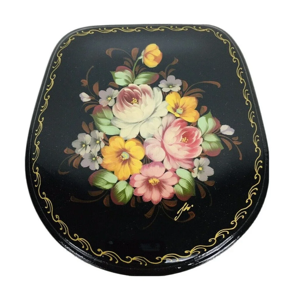 Vintage Russian Hand Painted Lacquered Floral Hinged Trinket Box Signed